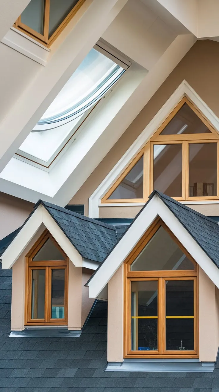 This house is a masterpiece of architectural window design.  From the attic window's rustic charm to the modern sleekness of the skylight, the playful dormer window, the graceful gable window, the functional roof window, the spacious loft window, the hidden ceiling window, the prominent upper window, and the traditional house window, every detail speaks volumes about the home's character and the artistry behind its creation.