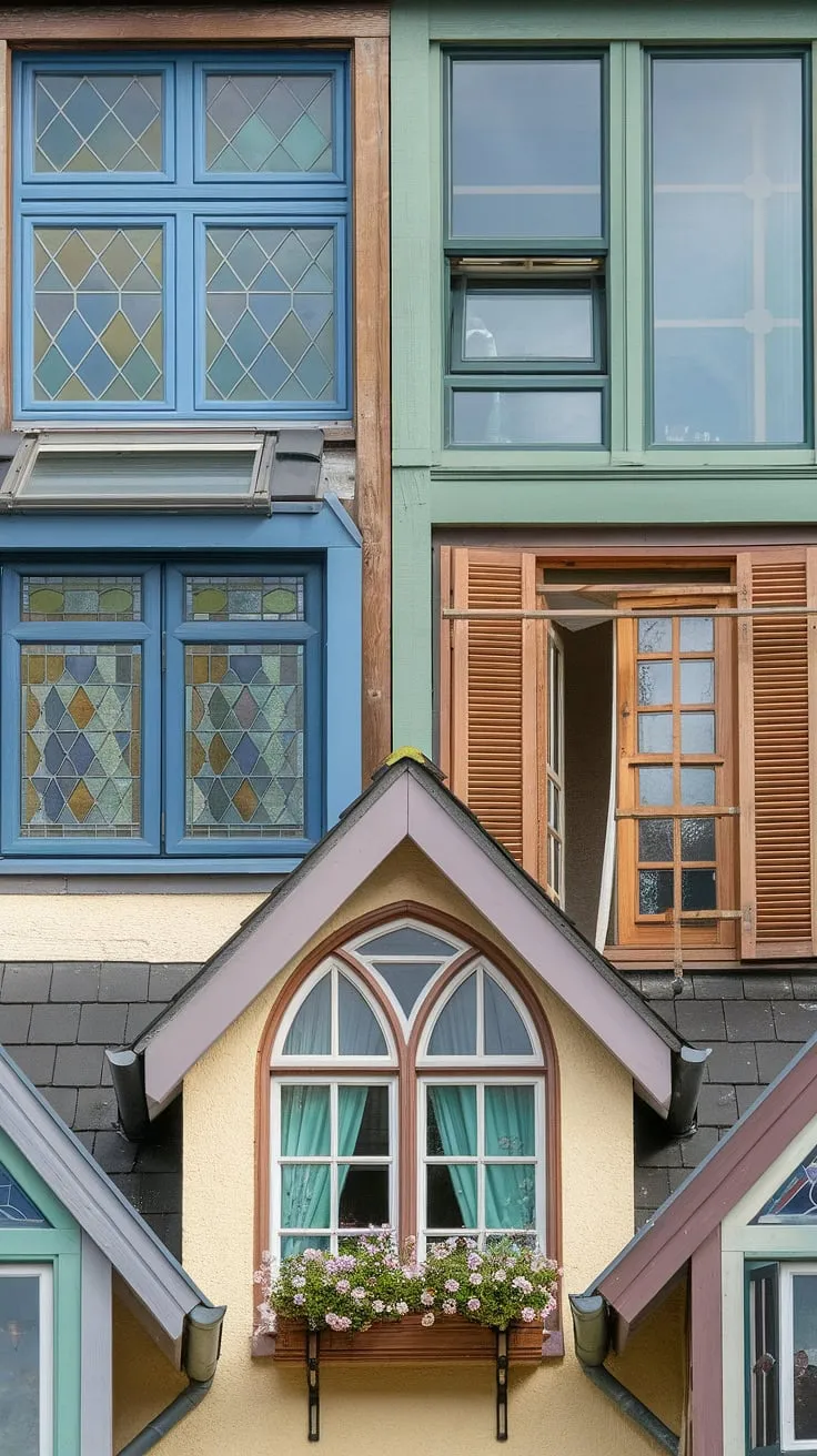 A symphony of light and shadow, this house showcases a captivating collection of architectural windows. From the charming attic window box overflowing with blooms to the majestic gable window's stained-glass artistry, each dormer window, roof window, loft window, ceiling window, and upper window tells a unique story.  The house window's lattice detail adds a final touch of elegance to this stunning display of architectural design.