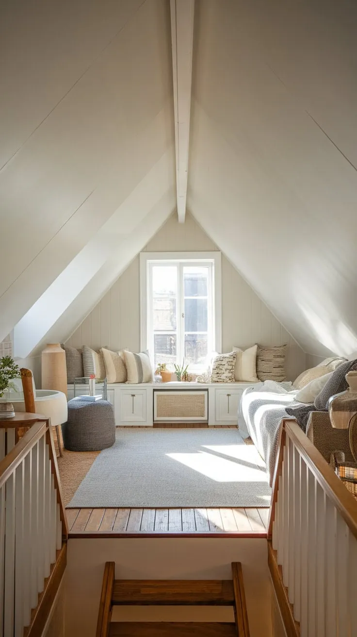 The inviting attic window casts a warm glow over the thoughtfully designed space, highlighting the serene neutral palette and the rustic charm of the wooden planks beneath.