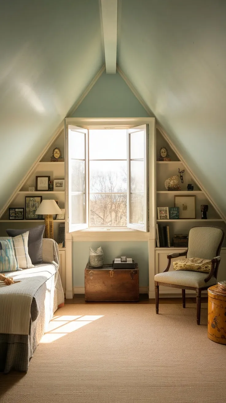 Sunlight spills through the dormer window, painting the sloped walls of the attic room in a honeyed glow, beckoning you into a haven where carefully chosen details whisper promises of quiet contemplation and boundless creativity.