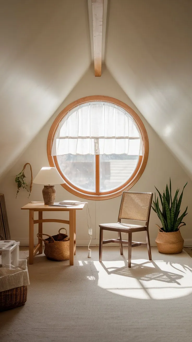 The sloped ceiling whispers secrets of tranquility and inspiration as you enter the beautifully arranged attic room, where the inviting wooden table and charming attic window promise a perfect escape crafted just for you.