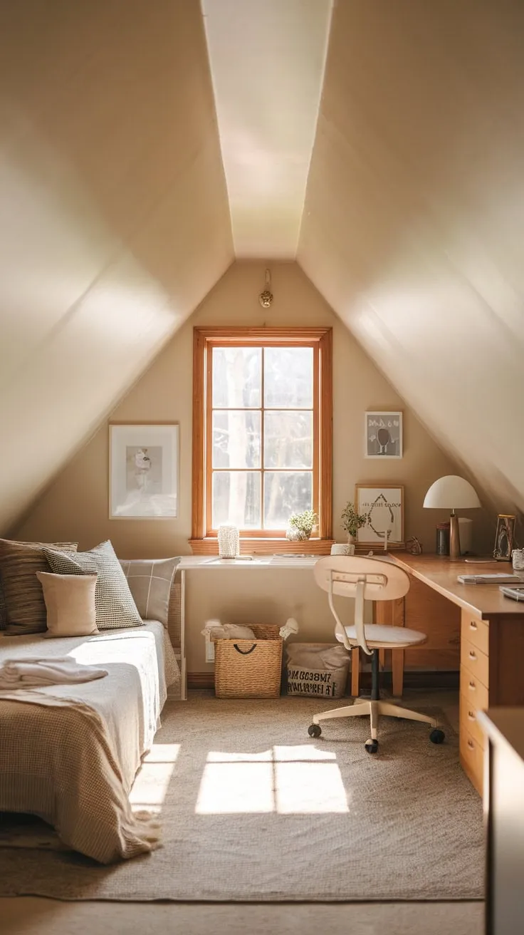 Sunlight streams through the dormer window, painting the warm beige walls of the attic room in a soft, inviting glow, beckoning you to unwind and let your imagination take flight in this secluded haven.