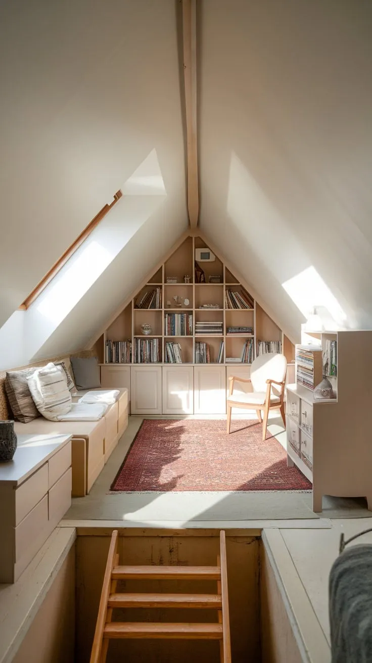 Sunlight streams through the dormer window, painting the carefully curated furniture in a warm glow, beckoning you into the attic's embrace – a sanctuary crafted for quiet contemplation and the blossoming of your imagination.