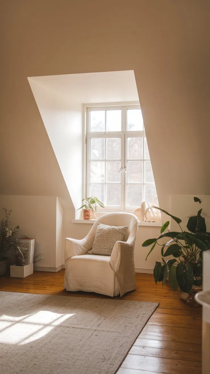 The inviting atmosphere of this room, highlighted by the unique attic window and the warmth of the wooden floor, creates a perfect retreat for relaxation and reflection.