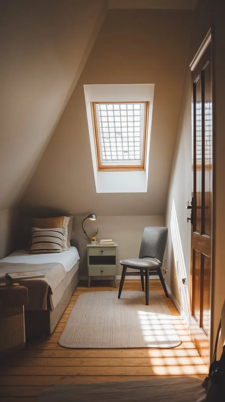 The attic window becomes a portal to tranquility, its frame showcasing a haven where the air itself seems to hum with quiet contentment, beckoning you to lose yourself in the pages of a beloved book and rediscover the beauty of uncomplicated moments.