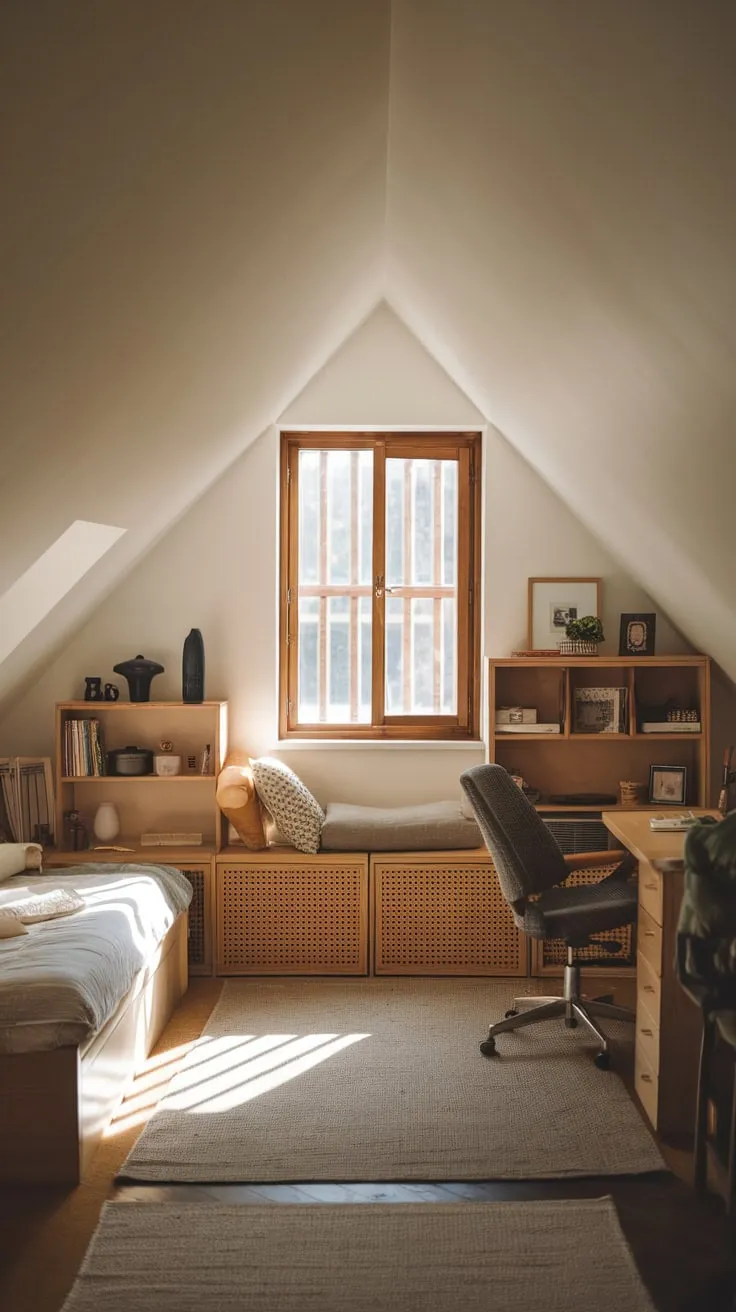 Sunlight streams through the dormer window, painting the thoughtfully arranged furniture in a warm glow, beckoning you into this attic sanctuary where inspiration and tranquility intertwine.