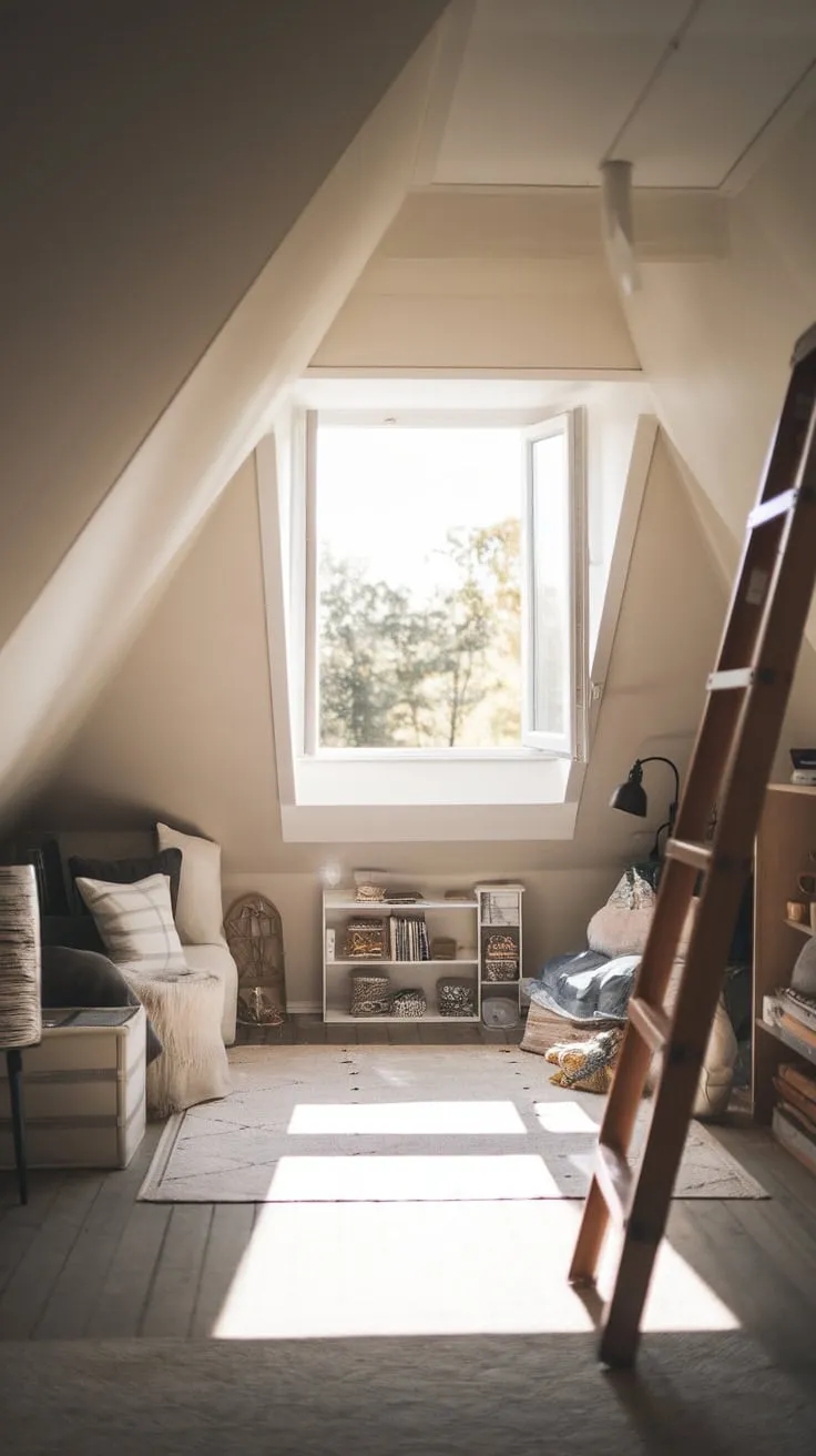 The attic window invites a warm glow into this tidy retreat, where the sloping ceiling and wooden floor create a charming atmosphere perfect for inspiration.