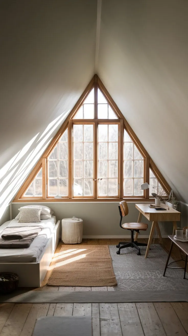 Sunlight streams through the charming attic window, painting the neutral palette of your beautifully designed retreat in a warm, inviting glow, beckoning you to unleash your creativity and unwind in its tranquil embrace.