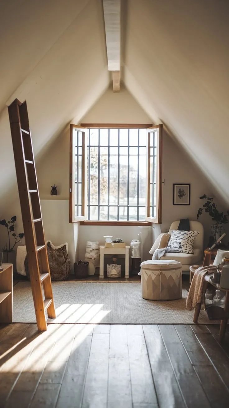 Ascend to this cozy attic room, where natural light streams through the open window, washing over the simple design and beckoning you to leave the world behind and find solace in its peaceful embrace.