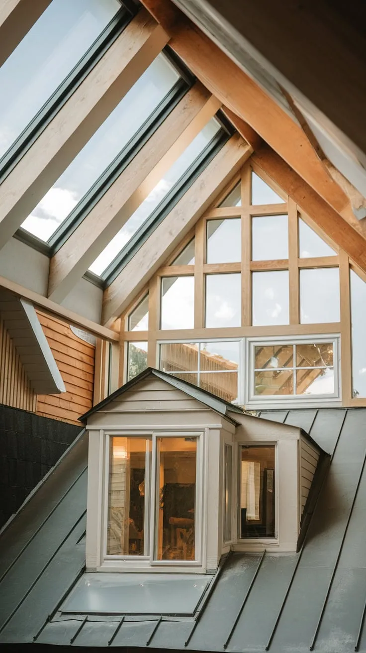 Sunlight streams through a symphony of architectural windows—attic window, skylight, dormer window, gable window, roof window, loft window, ceiling window, and upper window—transforming this timber-framed house into a haven of natural light.  Each house window, a carefully considered detail, contributes to the home's unique character.