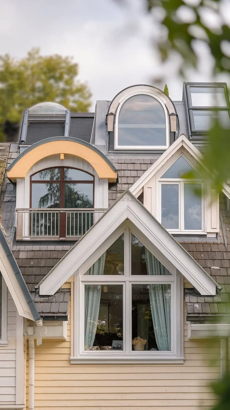 The artistry of light and space:  Observe the diverse array of upper windows gracing this home's facade.  A gable window sits proudly beside a subtly placed attic window, while a skylight and roof window bathe the interior in natural light.  The inclusion of a loft window with railing and a unique ceiling window elevates this house's architectural window design to a new level of sophistication.