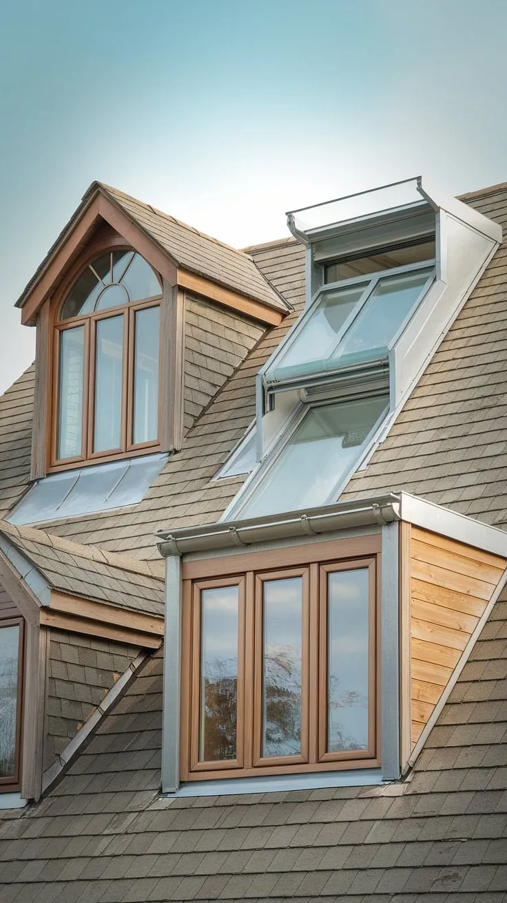 A symphony of light:  This house showcases a captivating collection of upper windows – from the charming attic window and elegant skylight to the functional dormer window, arched gable window, and practical roof window.  Each architectural window, a unique piece in a beautiful composition of house windows, tells a story of thoughtful design and the artistry of natural light.