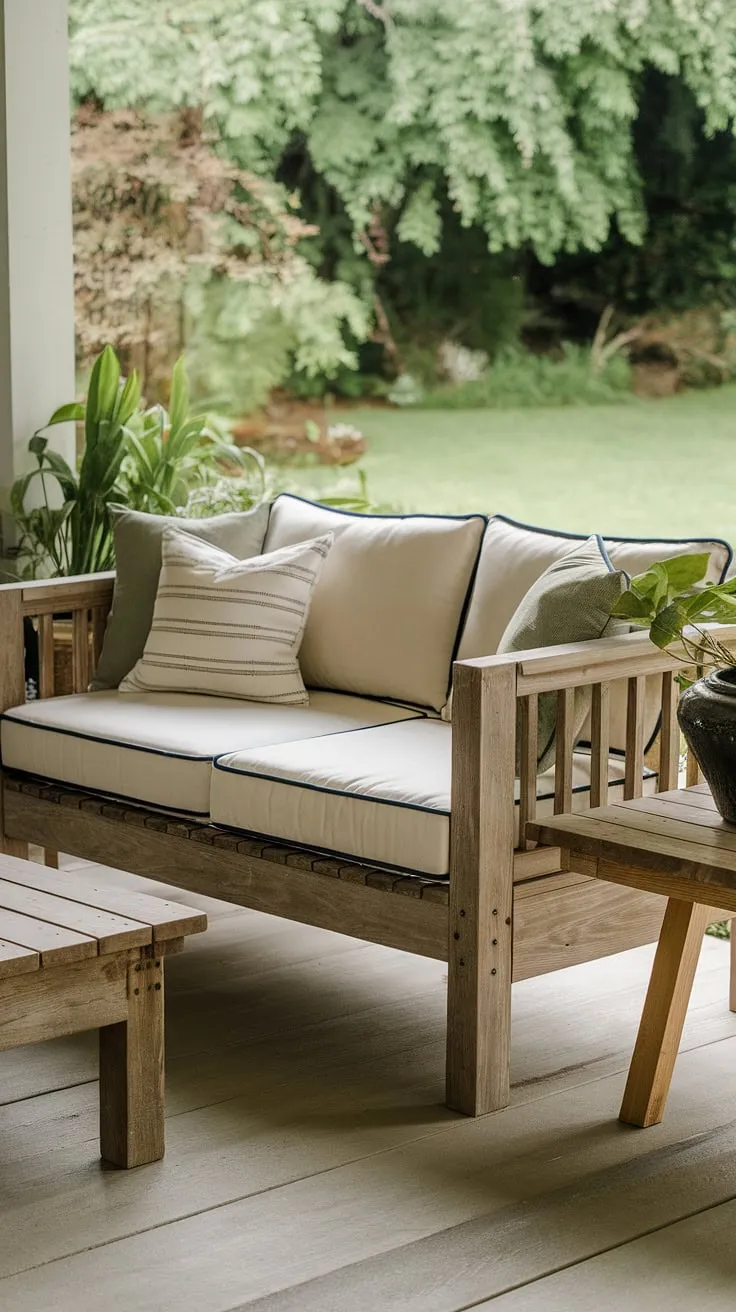 This charming outdoor sofa, a piece of handcrafted wooden furniture, invites you to relax and enjoy the beauty of your garden.  The outdoor seating area, perfectly positioned on the back porch, is complemented by a rustic wooden table and potted plants. This outdoor furniture set, a testament to DIY outdoor projects, transforms this space into a welcoming outdoor lounge.  It's the perfect blend of patio furniture and garden furniture, creating an idyllic outdoor decor.