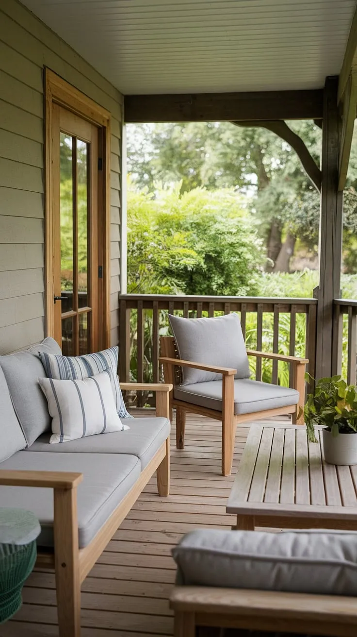 Escape to this tranquil outdoor oasis.  The patio furniture, including a charming outdoor sofa and wooden table, offers comfortable outdoor seating perfect for enjoying the vibrant garden views. This collection of wooden furniture, a delightful DIY outdoor projects, exemplifies the charm of simple outdoor decor.  The result is a welcoming outdoor lounge, a perfect blend of comfort and style.