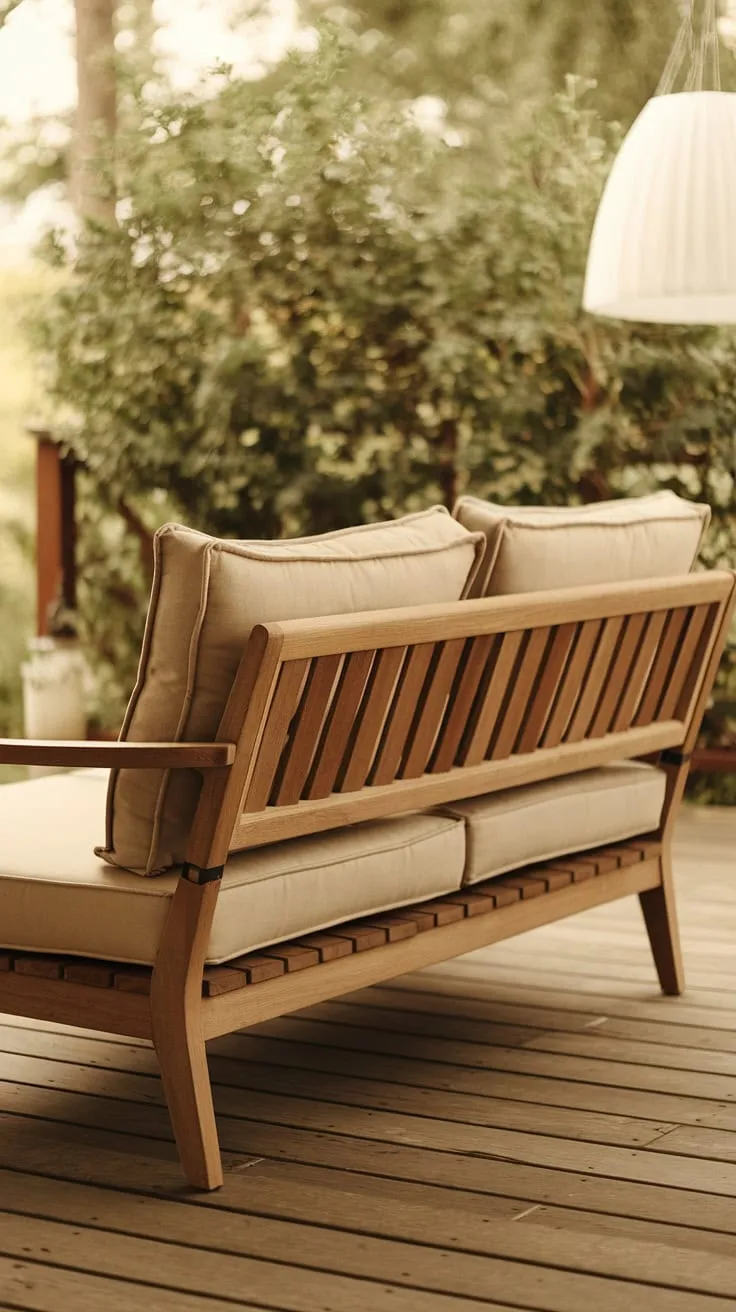 Imagine lazy afternoons spent on this charming outdoor sofa, nestled on your back porch. This wooden furniture piece, part of a curated outdoor seating arrangement, provides the perfect outdoor lounge.  The warm hues and comfortable cushions make it the heart of your outdoor decor, a testament to the beauty of simple DIY outdoor projects.  This patio furniture and garden furniture selection elevates your outdoor furniture collection.