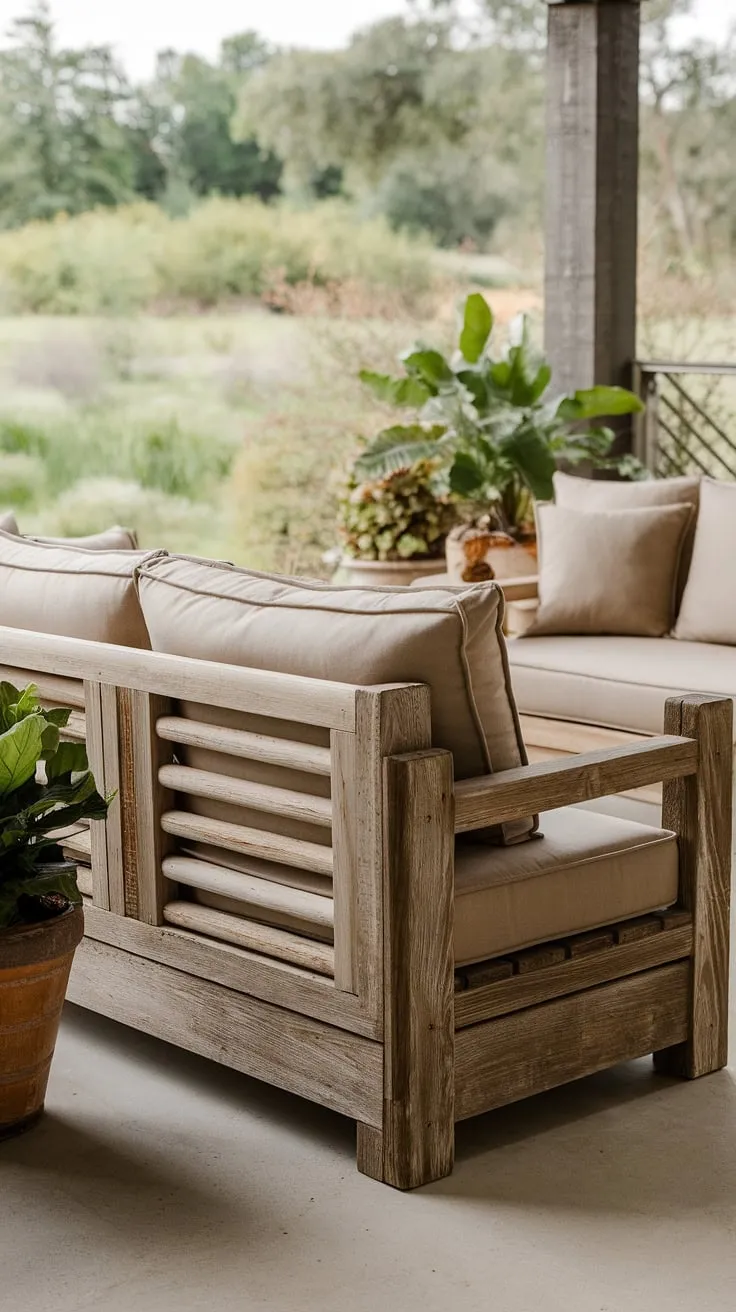 Unwind in the tranquility of your own backyard oasis with this rustic outdoor sofa.  The weathered wood and beige cushions create the perfect blend of comfort and charm for your back porch furniture, seamlessly blending outdoor seating and garden furniture into your outdoor decor. This DIY outdoor projects-inspired piece elevates your outdoor lounge and patio furniture to a whole new level.