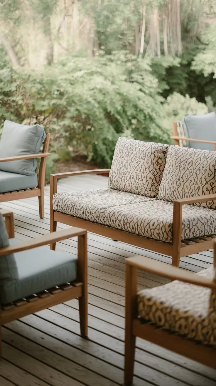 Escape to tranquility on this back porch, where comfortable outdoor seating and stylish wooden furniture create the perfect outdoor lounge.  The outdoor sofa, adorned with a patterned cushion, invites relaxation amidst the lush greenery, showcasing the beauty of DIY outdoor projects and garden furniture. This patio furniture set is the epitome of outdoor decor.