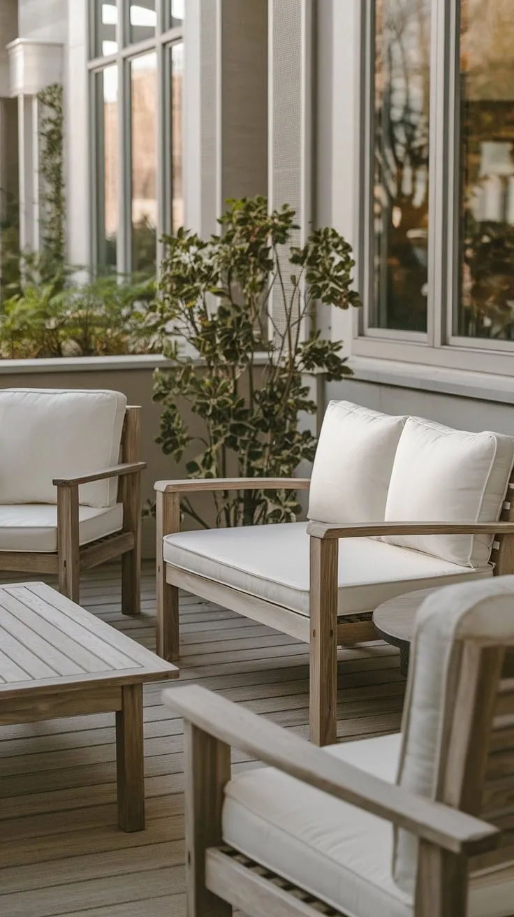 Relax and unwind on this inviting back porch. The rustic wooden furniture, including the outdoor sofa and coordinating outdoor furniture, creates a tranquil outdoor decor setting. This outdoor seating area, perfect for enjoying the warm weather, is a testament to the beauty of simple DIY outdoor projects.  The patio furniture blends seamlessly with the surrounding garden furniture.