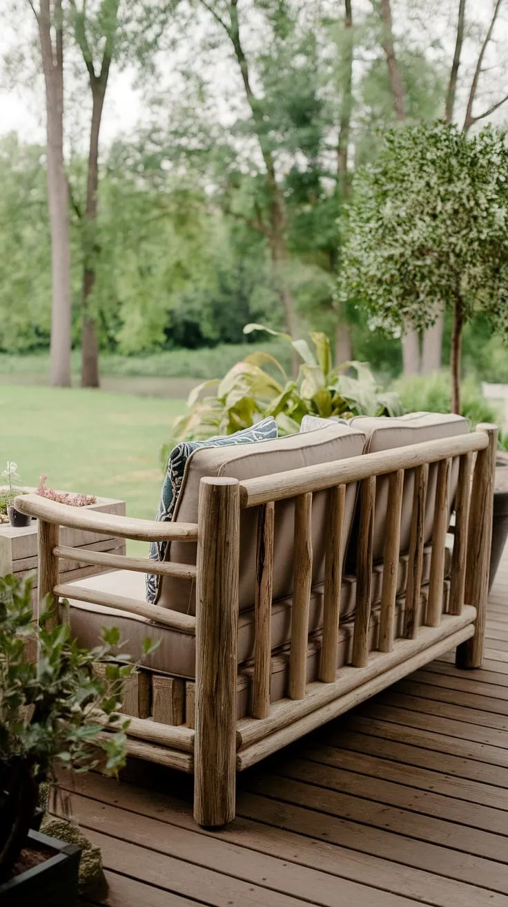 Unwind in the tranquility of your own backyard oasis with this rustic wooden outdoor sofa.  The perfect blend of comfort and outdoor decor, this back porch furniture piece offers inviting outdoor seating and complements any garden furniture arrangement.  A testament to the charm of DIY outdoor projects, it transforms your patio furniture into a cozy outdoor lounge.