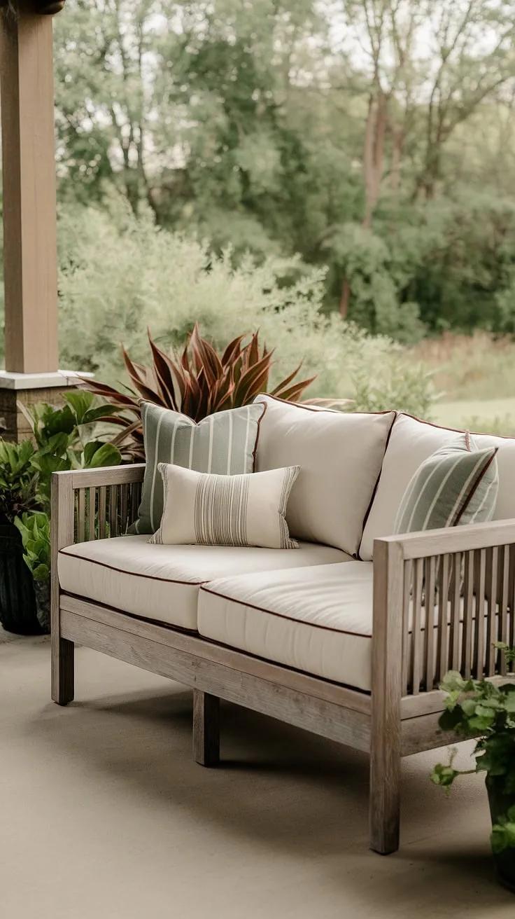 Imagine sinking into this inviting outdoor sofa on a warm summer evening.  This handcrafted wooden furniture piece, a perfect example of DIY outdoor projects, is the centerpiece of this serene back porch.  The comfortable outdoor seating and lush greenery create the ideal outdoor lounge.  As part of our outdoor furniture collection, this patio furniture and garden furniture effortlessly blends rustic charm with modern comfort.  This back porch furniture is more than just a place to sit; it's an escape.
