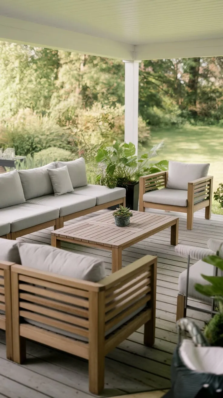 Charming Back Porch Oasis with Wooden Furniture