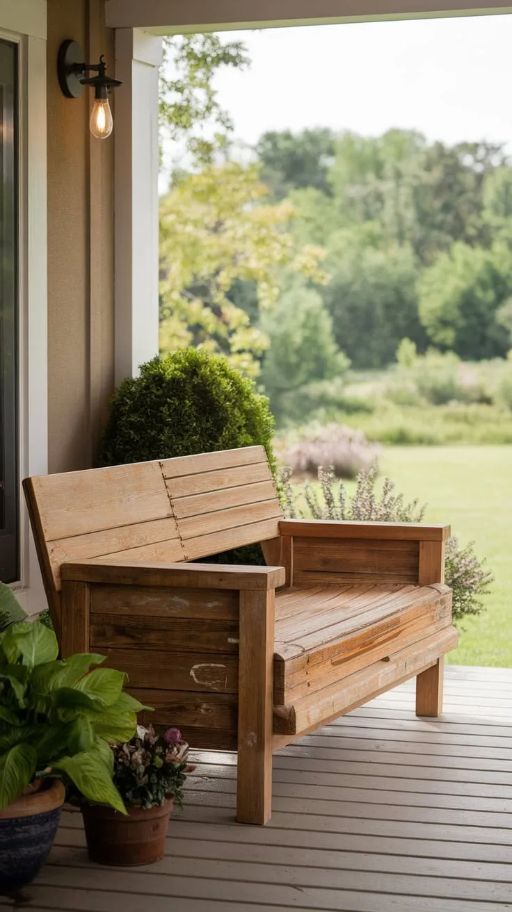 Inviting Outdoor Oasis: Wooden Sofa on a Charming Back Porch