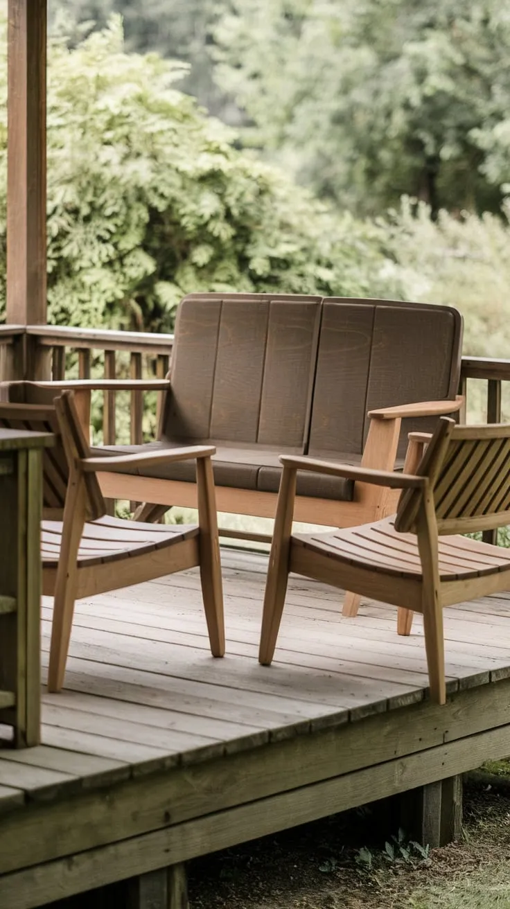 Elevated Oasis: Relaxing Wooden Sofa and Chairs Amidst Lush Greenery