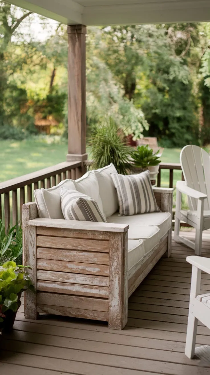 Charming White Sofa on a Rustic Back Porch