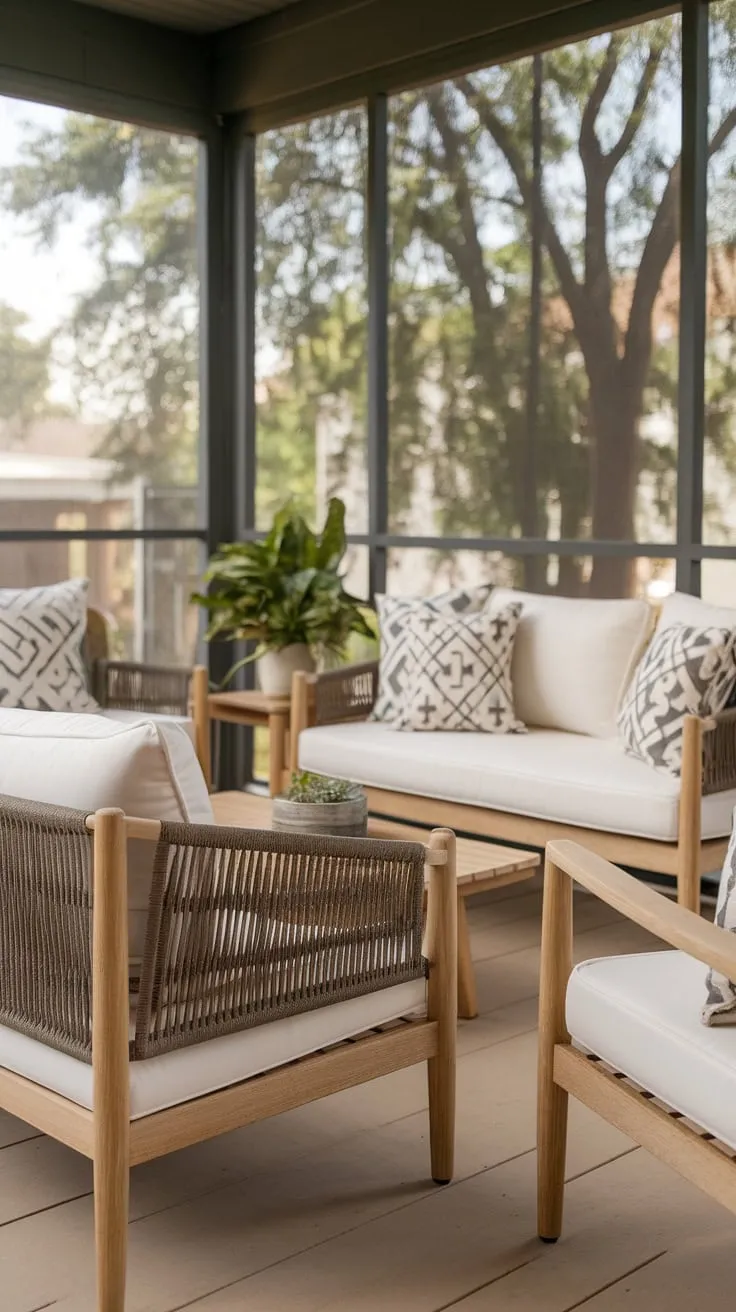 Charming Back Porch Oasis with Stylish Wooden Furniture