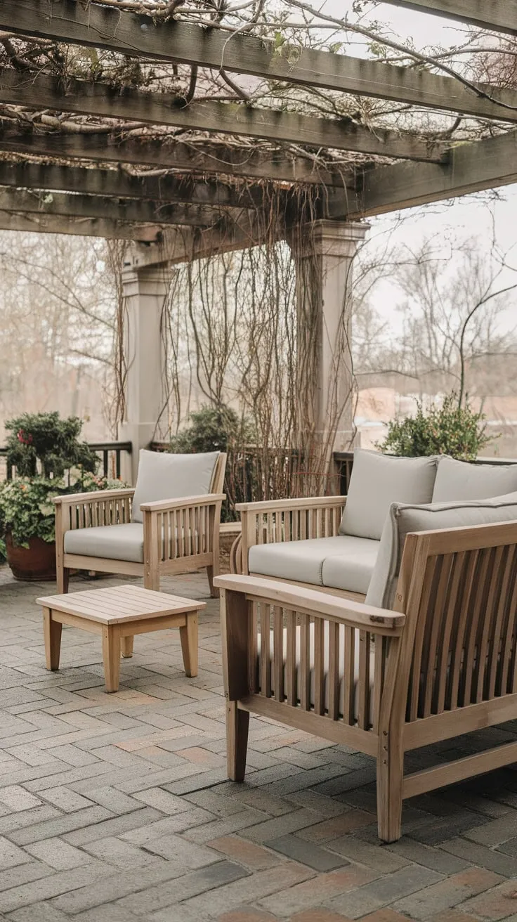 Charming Back Porch Oasis with Wooden Furniture