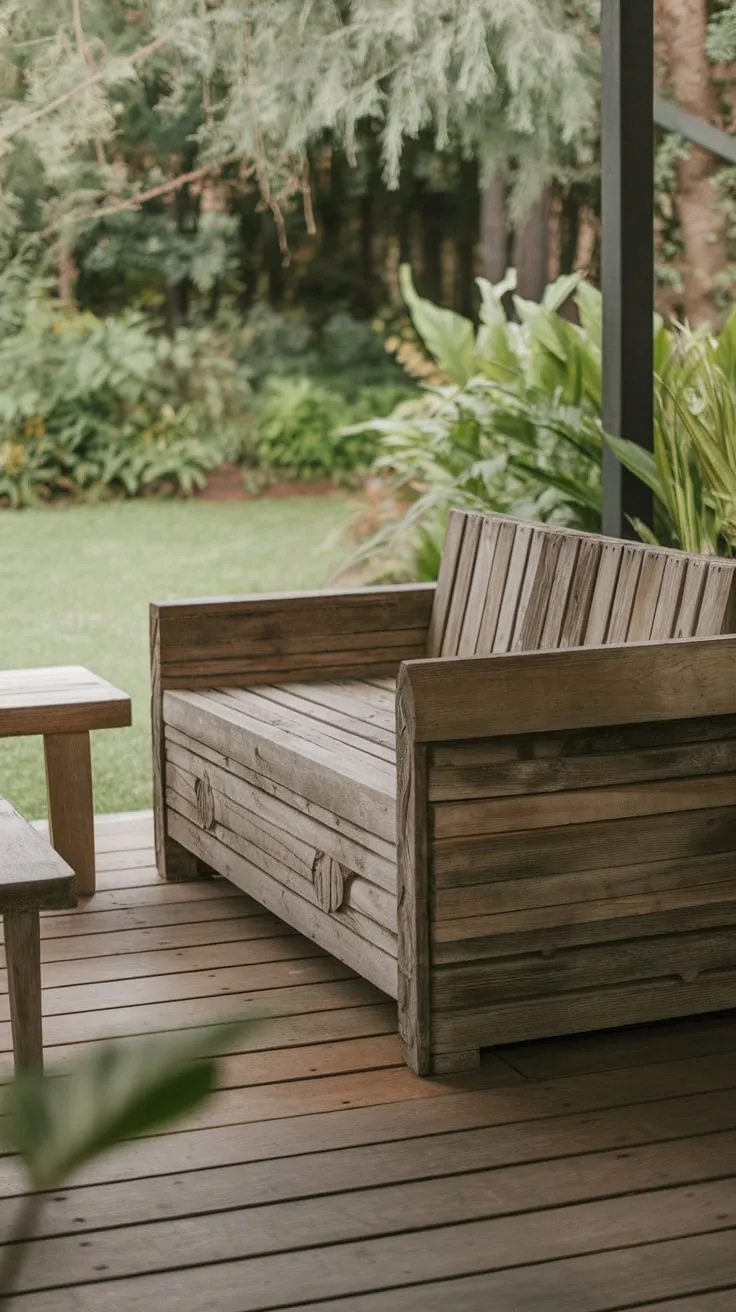 Rustic Wooden Sofa on a Serene Back Porch
