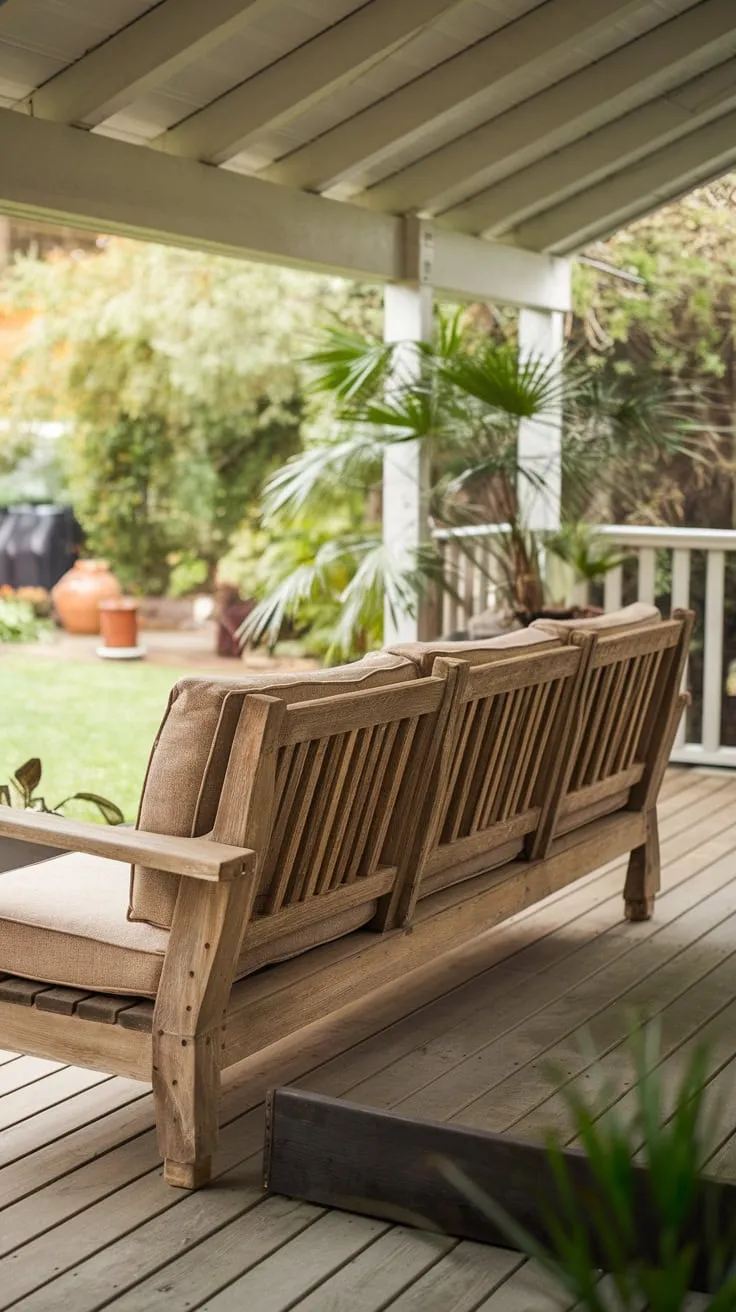 Inviting Outdoor Oasis: Wooden Sofa on a Charming Back Porch