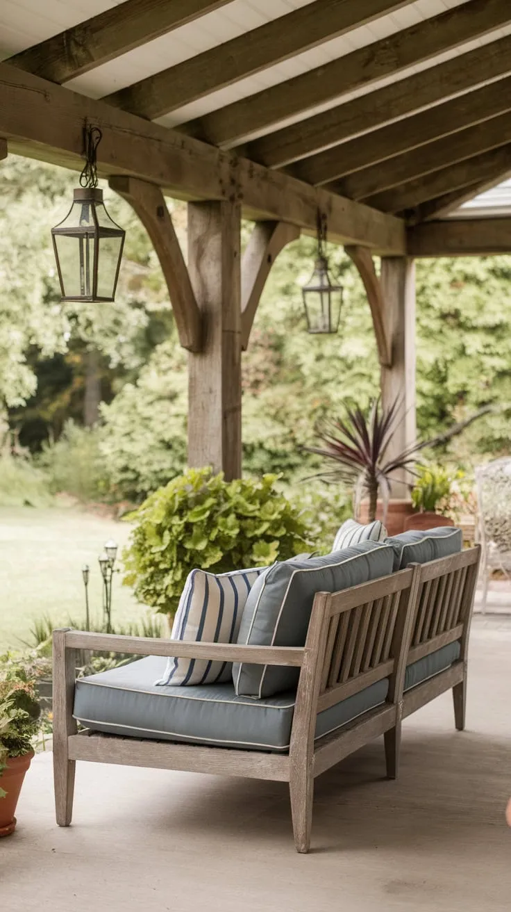Cozy Back Porch Oasis with Wooden Sofa and Greenery