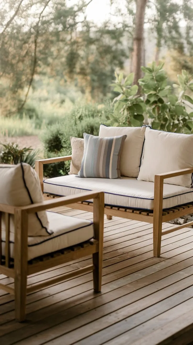 Cozy Outdoor Oasis with Lush Greenery and Wooden Seating