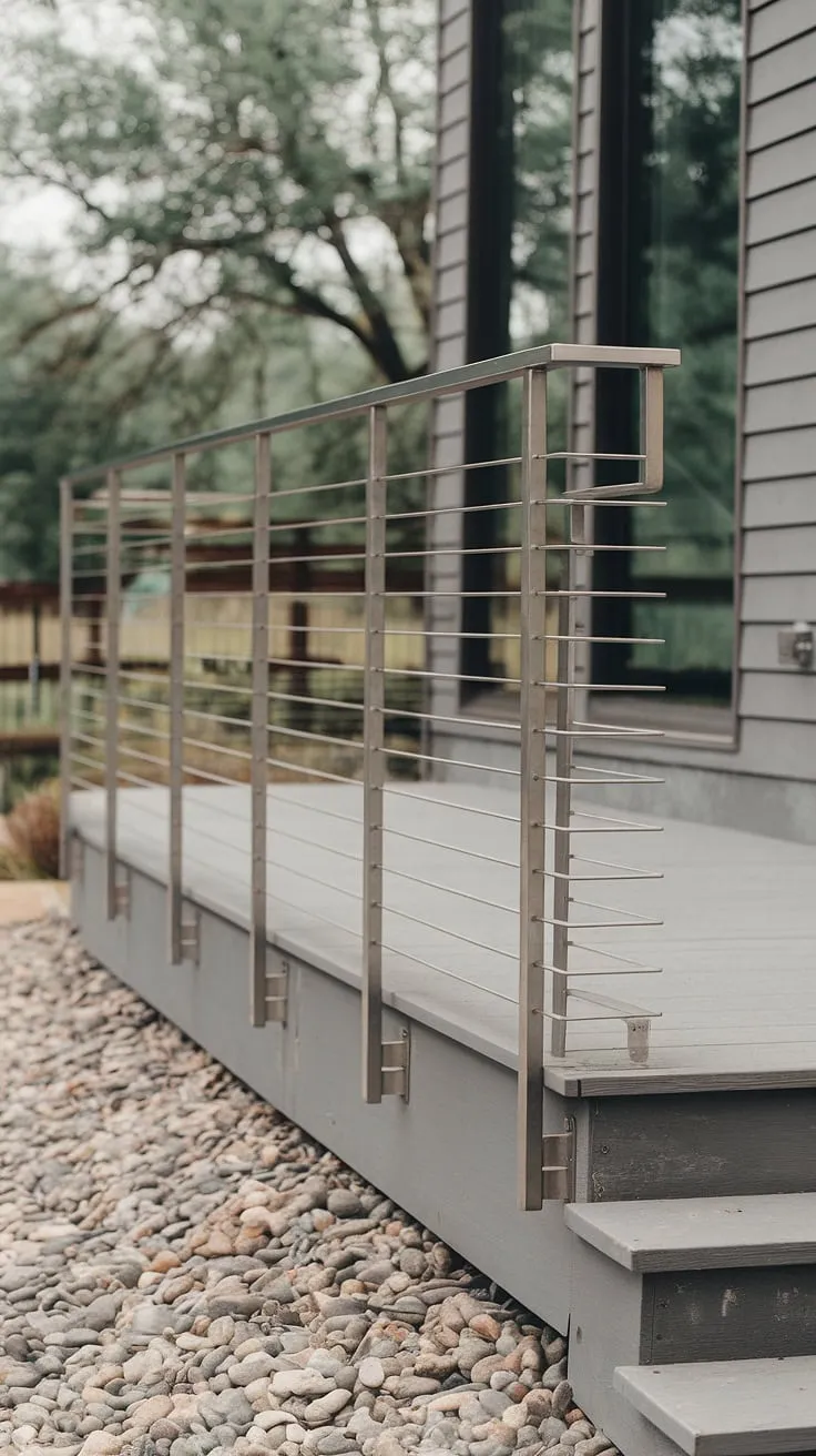 Clean lines and minimalist design define this modern house railing, perfectly complementing the exterior deck stairs and pebble landscaping.  The back porch railing's sleek metalwork offers both safety and style, providing inspiration for railing fence ideas, deck railing ideas, and even a beach house railing aesthetic.  Consider this a masterclass in deck and railing ideas and house front railing design.
