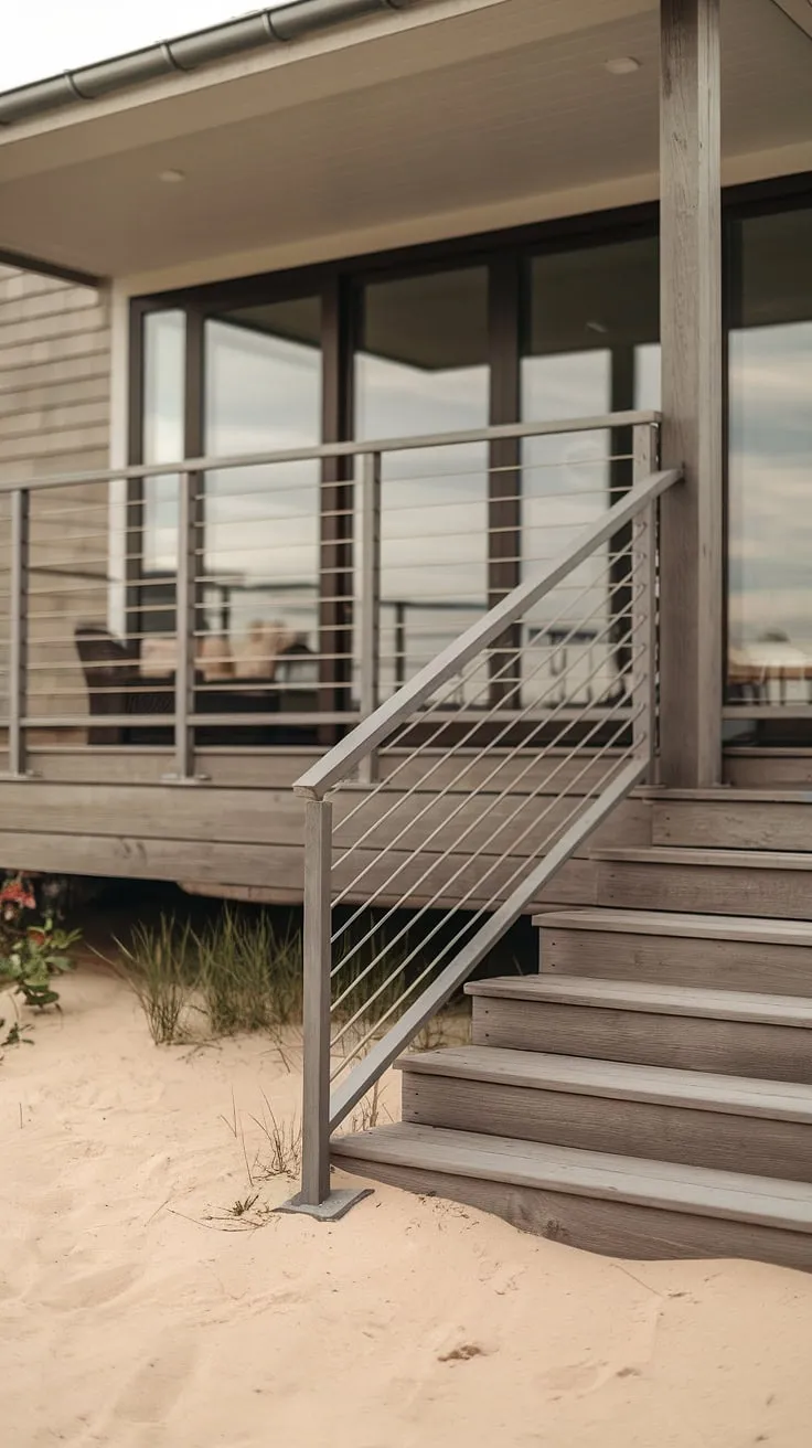 This stunning modern house boasts a back porch railing that's as captivating as the ocean view.  The beach house railing design, with its clean lines and matte finish, provides both safety and style.  Consider this a masterclass in deck and railing ideas, offering inspiration for railing fence ideas, deck railing ideas, and modern exterior stair railing designs.  The seamless integration of the railing for patio and exterior deck stairs creates a truly inviting space.