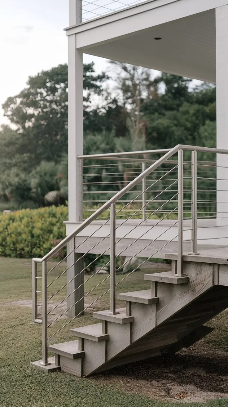 This modern beach house boasts a sleek stainless steel back porch railing, showcasing minimalist design perfection.  The railing's clean lines complement the exterior deck stairs and offer a stunning example of modern house railing and railing fence ideas, perfect for deck railing ideas or even as a railing for patio.  The house front railing design seamlessly integrates with the surrounding lush landscape.  Consider this inspiration for your own deck and railing ideas, or a modern exterior stair railing for your dream home.