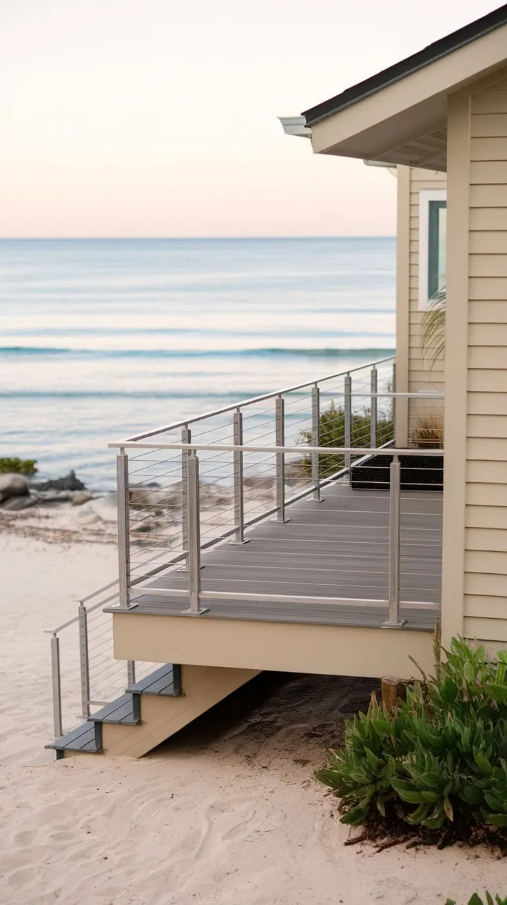 This modern beach house railing is the epitome of coastal chic.  The minimalist design of the back porch railing offers a clean, contemporary aesthetic, providing excellent railing fence ideas and deck railing ideas for your own home.  The exterior deck stairs add functionality and style, leading directly to the sand.  This beach house railing is a testament to thoughtful design, showcasing a perfect blend of form and function.  It's the ideal inspiration for your next railing for patio, house front railing design, or deck and railing ideas project.  The modern exterior stair railing elevates the entire design.