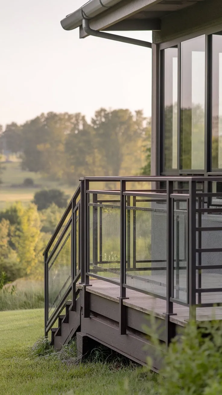 This modern house seamlessly blends indoor and outdoor living.  The sleek, glass-paneled back porch railing, a prime example of modern house railing design, flows effortlessly into the exterior deck stairs, offering stunning railing fence ideas and deck railing ideas.  The railing for patio and house front railing design choices create a tranquil escape, perfect for a beach house railing aesthetic.  Consider this inspiration for your own deck and railing ideas and modern exterior stair railing project.