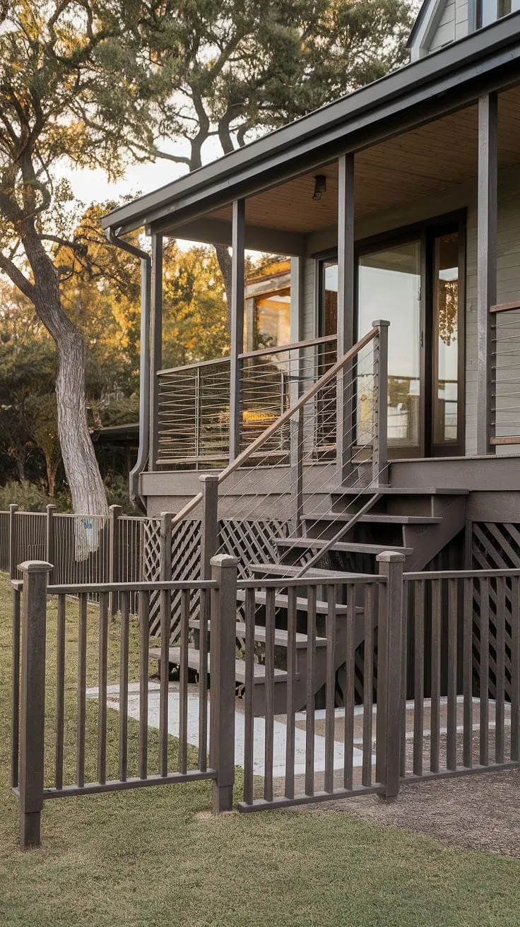The perfect fusion of modern architecture and coastal vibes. This home's striking beach house railing design, incorporated as a modern house railing,  defines the exterior deck stairs and extends to create unique railing fence ideas.  The design provides a secure and stylish railing for patio and back porch areas, showcasing innovative deck and railing ideas and a sophisticated modern exterior stair railing.  This house front railing design is a masterclass in blending rustic and contemporary aesthetics.