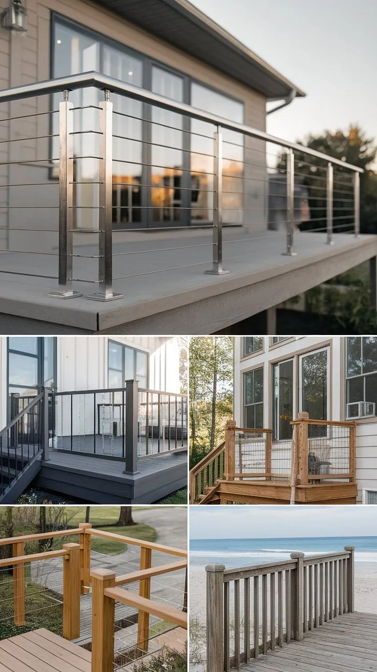This modern house showcases stunning railing design throughout.  The sleek, minimalist back porch railing complements the glass house front railing design, while the wood railing for the patio offers a warm contrast.  Exterior deck stairs lead to a deck, showcasing more deck and railing ideas, including a weathered beach house railing.  Plenty of railing fence ideas are evident, from the modern exterior stair railing to the various deck railing ideas.