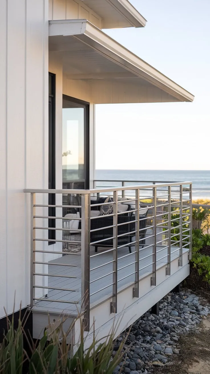The perfect blend of indoor and outdoor living. This stunning modern house showcases innovative deck and railing ideas, from the minimalist modern house railing on the back porch to the stylish exterior deck stairs.  The railing fence ideas are effortlessly chic, making this the ultimate inspiration for your next project, whether you're looking for a beach house railing or a railing for patio.  The view? Simply breathtaking.
