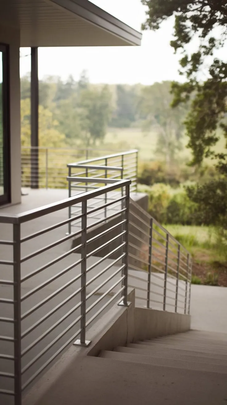 Sleek Steel Railing Enhances Tranquil Back Porch