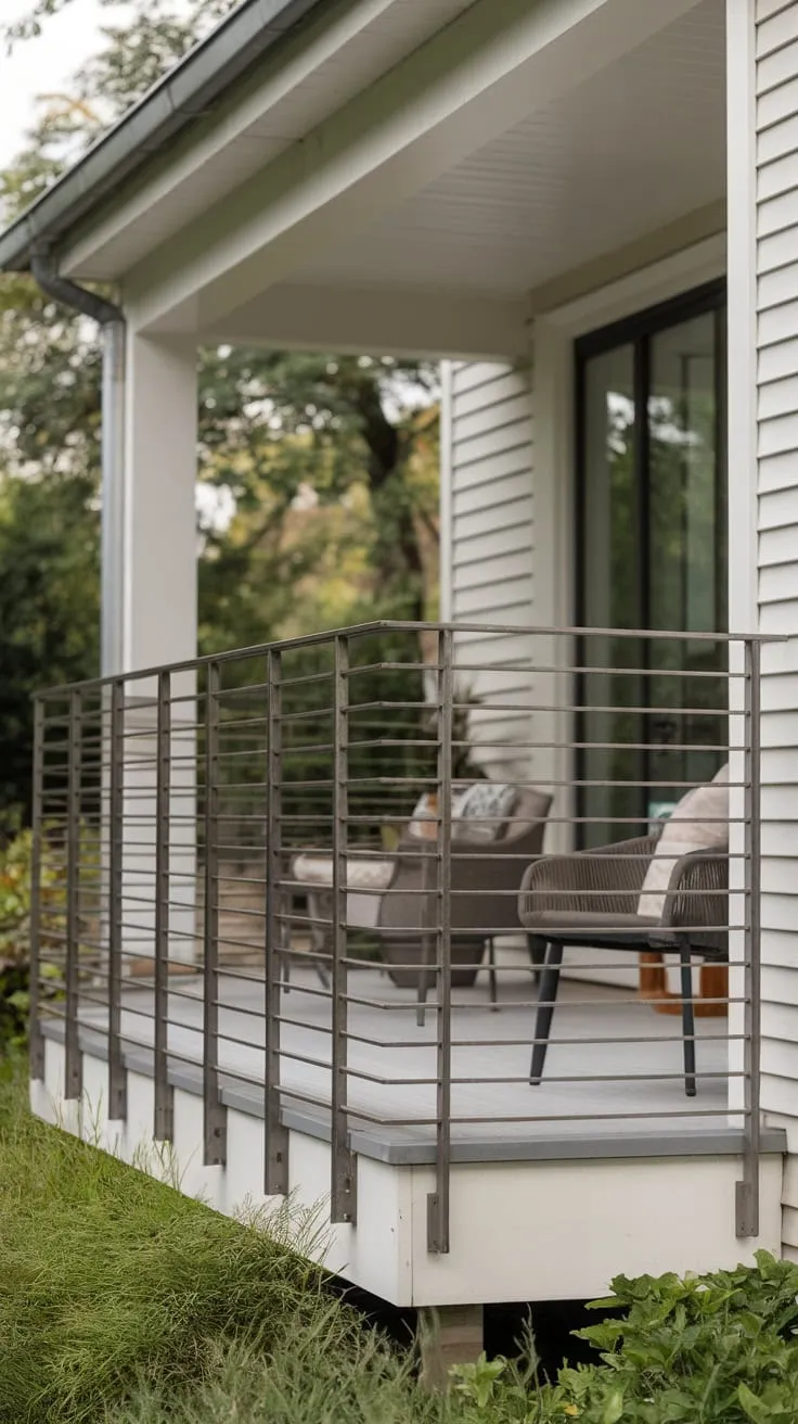 Chic Back Porch with Minimalist Railing and Lush Greenery