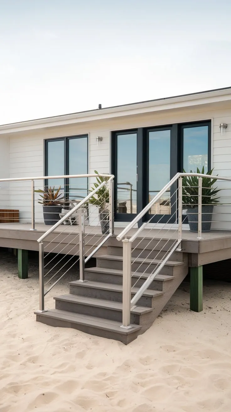 Sleek Metal Railing Elevates Modern Beach House Deck