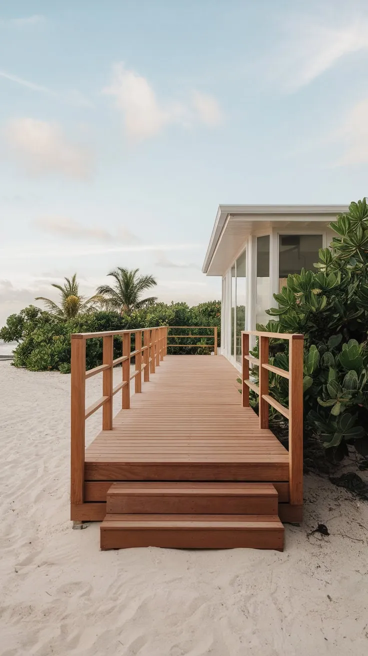 Sleek Wooden Railing Enhances Modern Beach House Vibes