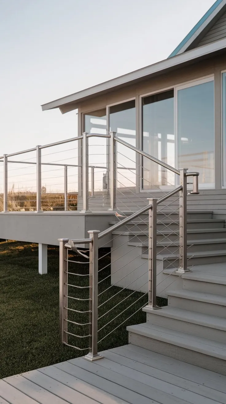 Sleek Stainless Steel Railing Elevates Beach House Vibe