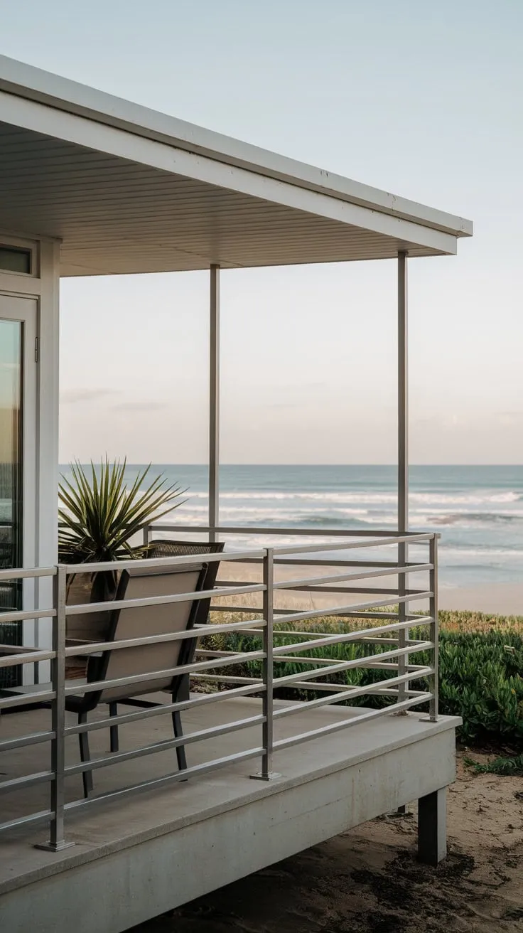 Modern Back Porch Oasis with Minimalist Railing and Ocean View