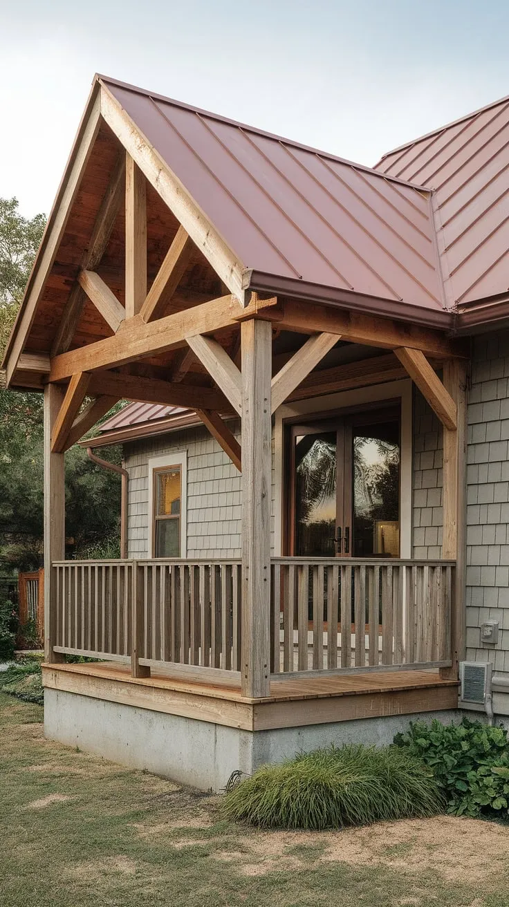 Dreaming of a covered patio? This outdoor covered patio boasts a stunning back porch roof, creating a rustic retreat perfect for small backyards. The balcony decor adds a touch of elegance to this porch addition, while the concrete patios provide a solid foundation.  Building a porch like this is a rewarding project, transforming your outdoor space into a cozy and inviting covered patios haven.