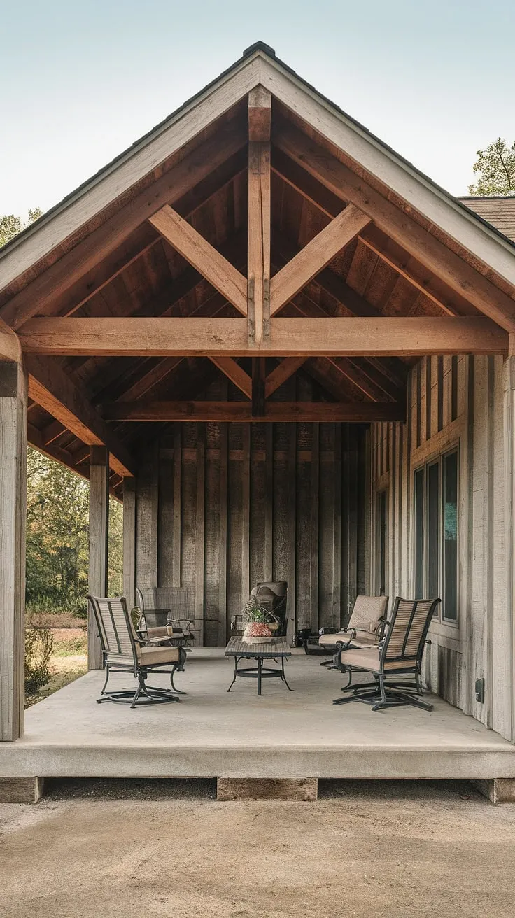 This outdoor covered patio is the epitome of rustic charm.  The porch addition seamlessly extends the home, creating a delightful space for relaxation.  Note the clever covered patios design, ideal for small backyards, and the thoughtful balcony decor.  The concrete patios provide a solid foundation for years of enjoyment.